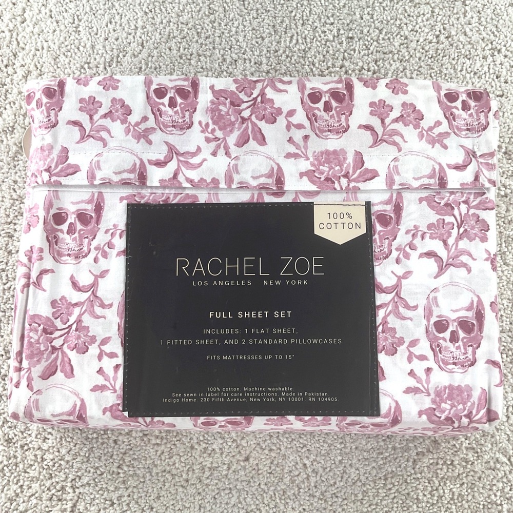 Rachel Zoe Full Sheet Set Pink Skull Floral Toile 100% Cotton 4pc Bedding New